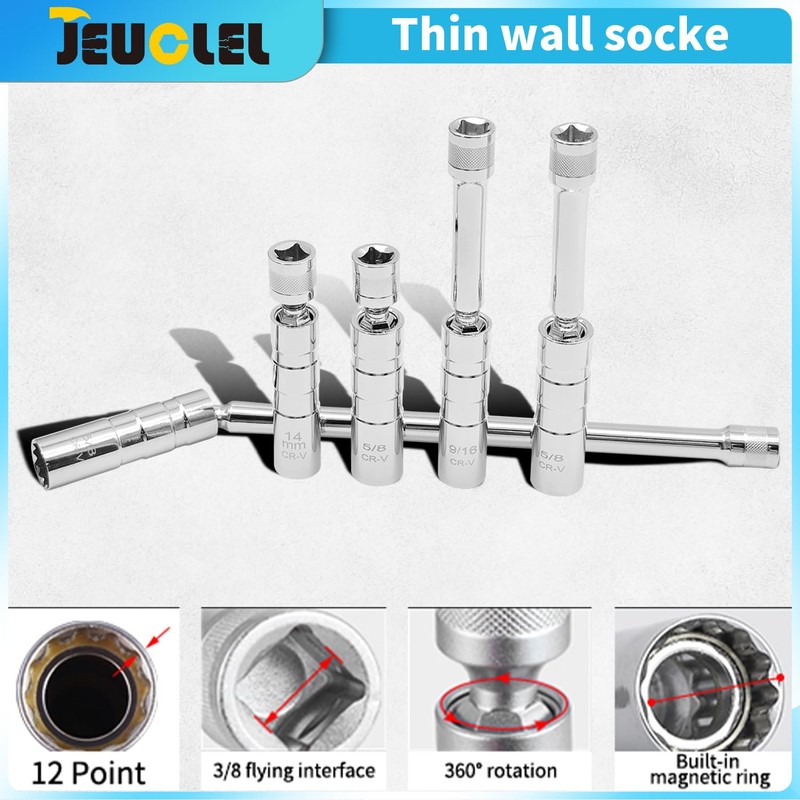 JEUCLEL 5PCS Magnetic Swivel Spark Plug Socket Set, 14mm Thin