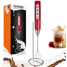 YUSWKO Red Rechargeable Milk Frother for Coffee with Stand, Handheld Drink Mixer with 3 Heads 3 Speeds Electric Stirrers for Latte, Cappuccino, Hot Chocolate, Egg