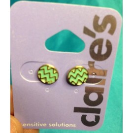 Claire's One Pair Claire's Round Gold Tone And Aqua Zigzag Button Pierced Earrings New!