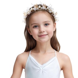 Lystaii Girls First Communion Headband Wedding Flower Girl Headpiece Princess Flower Crystal Rhinestone Pearl Headband Bridal Hair Accessories Floral Crown Prom Photography for Girls and Women (White)