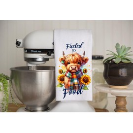 Fueled By Food - Highland Cow - Microfiber White Waffle Weave Towel. 16 x 24 in. Absorbent, No Lint, Thick, Reusable, Commercial, Soft, Hand