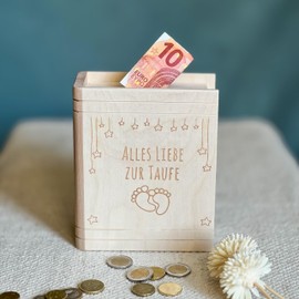 Spruchreif Wooden money box book with engraving for christening, baby feet motif, money box for boys and girls, christening gift