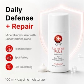 Keys Luminos PLUS with Zinc Oxide- Natural Sun Protection Lotion, ProBiome Daily Moisturizer for Problem Skin - Hypoallergenic, Makeup-Friendly Applic