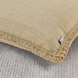 Set of 2 Farmhouse Throw Pillow Covers - Burlap Linen Trimmed Tailored Edges Decorative Cushion Covers for Bed Home Outdoor Decoration (2 Pieces, 24" x24", Beige Brown/Linen Band)