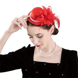 howkuhat Women's Fascinators Mini Banquet Tea Party Hat Vintage Mesh Feather Headwear with Clip Imitation Pearl Elegant Bridal Headpiece Hair Accessories(UK, Alpha, One Size, M, Red)
