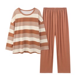 Celucke Women's Soft Striped Gradient Pajama Set, Long Sleeve Loose Wear Comfortable Sleepwear Nightwear Suit for Relaxation, Satin Pyjamas For Women, Pj Shorts Set, Ladies Comfort Lounge Wear Orange