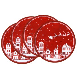 Arquiel Place Mats Set of 4 Christmas Red Deer Snowflake Holiday Christmas Tree Double Layer Thick Wipe Clean Heat Resistant Christmas Placemats for Dining Table Decoration (36 x 36 cm)