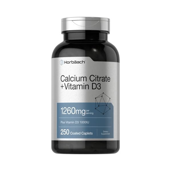 Calcium Citrate 1260 mg | with D3 1000IU | 250 Caplets | Vegetarian, Non-GMO, Gluten Free Supplement | by Horbaach