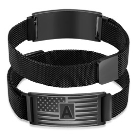 DouDiner Initials Bracelet for Men,A-Z Capital Letters American Flag Stainless Steel Bracelet Jewelry Gift,2025 Graduation Gifts for Men Him Dad(Letter A, Black)