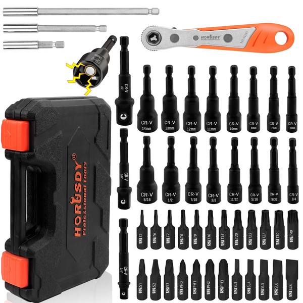 HORUSDY Magnetic Nut Driver Set | 47-Piece | Nut Driver Set for Impact Drill | SAE (1/4" to 9/16") and Metric (6-14mm) | Chrome Vanadium Steel | 1/4" Hex Shank