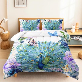 CVHOUSE Peacock Comforter Set Full Size,Floral Peacock Bedding Set for Kids Women,Flower Peacock Quilt Set Peacock Duvet Set Girl's Bedroom Decor 3 Pieces