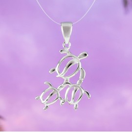 Pretty Hawaiian Mom & 2 Small Sea Turtle Necklace, Sterling Silver 3 Turtle Pendant, N2023A