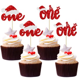 24 piezas de adornos de Navidad para cupcakes con purpurina roja para fiesta de primer cumpleaños, decoración de tartas para baby shower con temática de Navidad, 1er cumpleaños