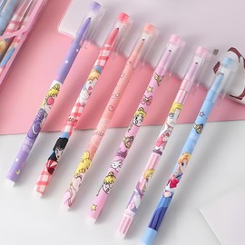 Zaky Moon Girl Gel Ink Pens 0.5mm Extra-Fine Ballpoint Pen Leather Writing Journal Notebook Promotional Gift Stationery School Office Supply With Cartoon Stickers 17 Pcs