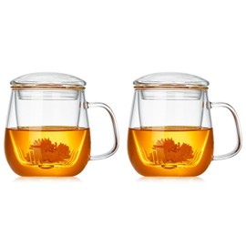 DOPUDO Glass Teacups 2 Pack Glass Tea Cup with Infuser and Lid, 17.6oz/520ml Large Borosilicate Teacup,Tea Clear Mug Cup for Loose Leaf Blooming Tea, Microwave & Dishwasher Safe