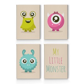 Smile Art Design Colorful My Little Monster Lettering Cream Background 4 PIECE CANVAS PRINT SET Kids Room Decor Wall Art Baby Boy and Girl Room Decor Ready to Hang Made in the USA (22x15) x4