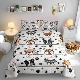 Manfei Cute Dog Pet Animals 3 Pcs Queen Size Comforter Set,Paw Print White Down Alternative Adults Room Decor,Cartoon Puppy Ultra Soft Microfiber Inner Fill 3Pcs Bedding