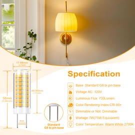 2 Pack - G8 GY8.6 LED Light Bulbs Dimmable 7W Equivalent to G8 Halogen Bulb 75W-80W 730LM, GY8.6 /G8 Bi-Pin Base Light Bulb AC 120V for Under Cabinet Light Kitchen Lighting (Warm White, 2 Pack)
