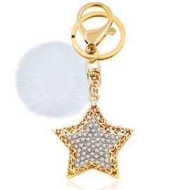 Tobestu Rhinestone Star Keychain for Women and Girls, Bling Crystal Bag Purse Charm, Handbag Keyrings Pompom Accessories Y2231 (White)