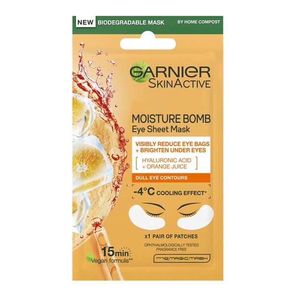Garnier Moisture Bomb Orange Eye Mask, With Hyaluronic Acid And Orange Juice, Hydrating & Brightening Under Eye Mask, Reduce Appearance of Eye Bags, Biodegradable and Vegan Tissue Mask, 6g