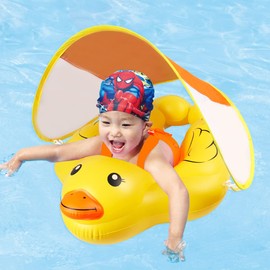 Relaxing Baby Pool Float with Adjustable Safety Seat & Canopy UPF 50+ Sun Removable Protection, Infant Pool Float for Baby Blue Bear Holder Support, Baby Pool Float with Canopy 6-36 Months. (B1807)