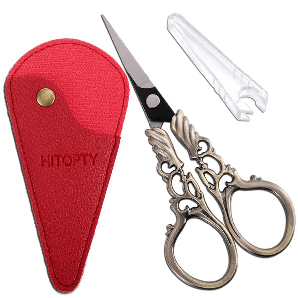 HITOPTY Embroidery Scissors Stainless Steel Sharp Crochet Scissors with Case for Crafting Sewing Needlework Artwork Threading Handcraft DIY Tools Small Shears, 4.5in Bronze