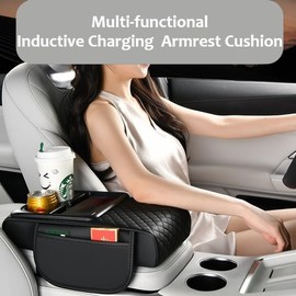 TNDCKP Induction Charging Car Armrest Pad, Leather Center Console Cushion, Dual Cup Holders, Storage Bags