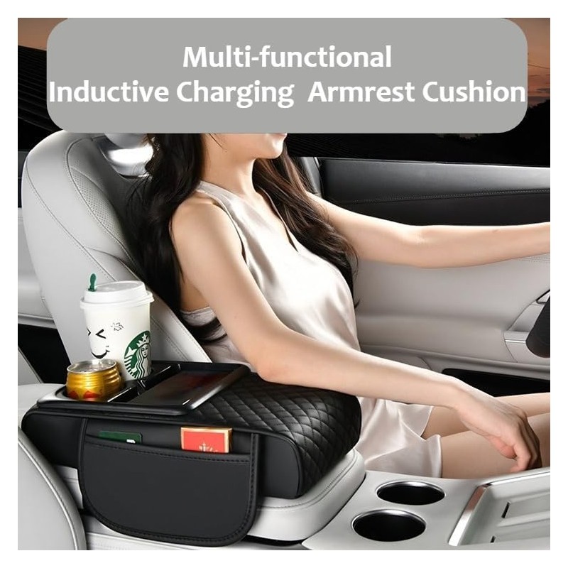 TNDCKP Induction Charging Car Armrest Pad, Leather Center Console Cushion,