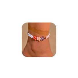 Jovono Boho Pearl Anklets Star Ankle Bracelet Chains Beach Blue and Pink Anklet for Women Girls