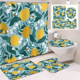 Boewywh 4 Pcs Bathroom Sets with Shower Curtain and Rugs, Vintage Yellow Lemon Fruit Bees Flower, Bath Decor Tropical Lemonade Tree Floral Leaf Shower Curtain Sets for Bathroom Decor with 12 Hooks