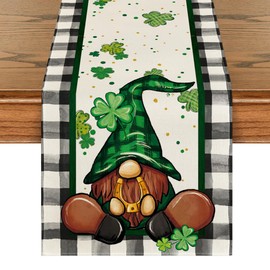Artoid Mode Buffalo Plaid Shamrock Gnome St. Patrick's Day Table Runner, Seasonal Spring Holiday Kitchen Dining Table Decoration for Indoor Outdoor Home Party Decor 13 x 108 Inch