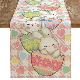 DineDia Easter Table Runner 72x13 Inches Bunny Egg Heart Table Decor, Pink Buffalo Plaid Spring Burlap Farmhouse Indoor Outdoor Holiday Decoration for Home Party DT067-72