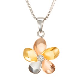 Aloha Jewelry Company 14K Gold Plated 925 Sterling Silver Cubic Zirconia Hawaiian Plumeria Flower Necklace Pendant with 18" Box Chain, Nickel Free Hypoallergenic for Sensitive Skin, Gift Box Included,