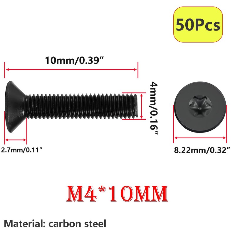 Qrity 50pcs M4 x 10mm Black Carbon Steel Countersunk Head