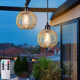 Battery Operated Hanging Pendant Lantern Lights, Outdoor Chandelier Light with Warm White LED Bulb, Handwoven Seagrass Ball Shade, Brightness Timer Adjustable for Patio Tree Pergola Gazebo Porch-2Pack