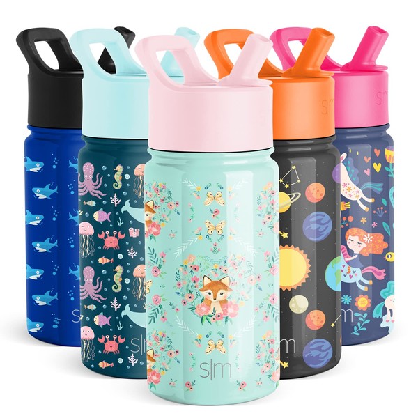 Simple Modern Kids Water Bottle with Straw | Insulated Stainless Steel Reusable Tumbler for Toddlers, Girls, Boys | Summit Collection | 14oz | Fox and The Flower