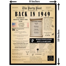 76th Birthday Decorations - Anniversary Banner for Men or Women. Party Table Decor Poster. Back In 1949 Happy Bday 8x10 Sign Born 76 Years Ago Vintage Newspaper Card Turning 76 Years Old with Stand