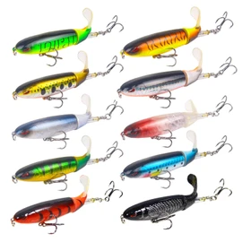RTGSE 10Pcs Whopper Fishing Lure for Bass Popper Top Water Fishing Lures with Floating Rotating Tail Barb Treble Hooks in Saltwater Freshwater Plopping Lures Kit