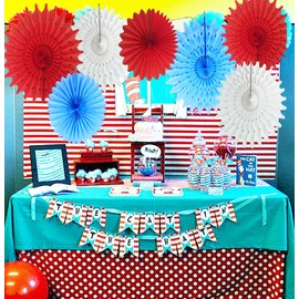 Dr Seuss Cat in The Hat Birthday Decorations/Thing 1 and Thing 2 Decorations/Baby Shower Decorations/Circus Birthday Decorations Turquoise Red Tissue Paper Fans for Circus Carnival Party Decorations