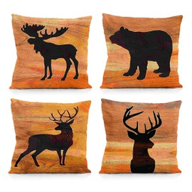 Nogrit Rustic Wildlife Cabin Decor Pillow Covers 18x18 Set of 4,Cabin Decor,Log Cabin Decor,Wildlife Deer Moose Bear Pillow Covers,Camping Pillow,Camping Decor,Woodland Animals Decor