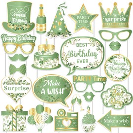 Fangleland 24pcs Sage-Green Birthday Photo Booth Props for Boys and Girls, Olive Green Happy Birthday Decorations Party Favors Supplies Adults