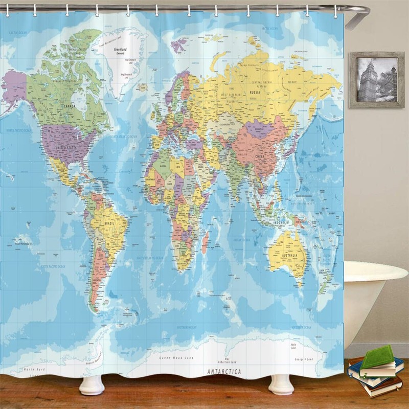 TOMOZ World Map Shower Curtain, Countries and Cities Shower Curtains,