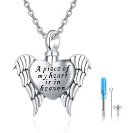 KINGWHYTE A Piece of My Heart is in Heaven Ash Necklace, 925 Sterling Silver Ash Jewelry, Angle Wing Memorial Pendant Necklace with Filling Set and Gift Box for Men and Women, Sterling Silver