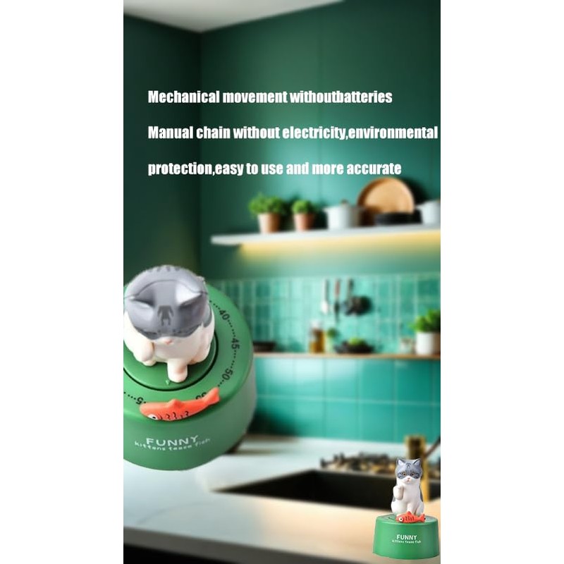 Cute Cat Wind-Up Kitchen Timer, 60-Minute Dial, 360° Rotation, for