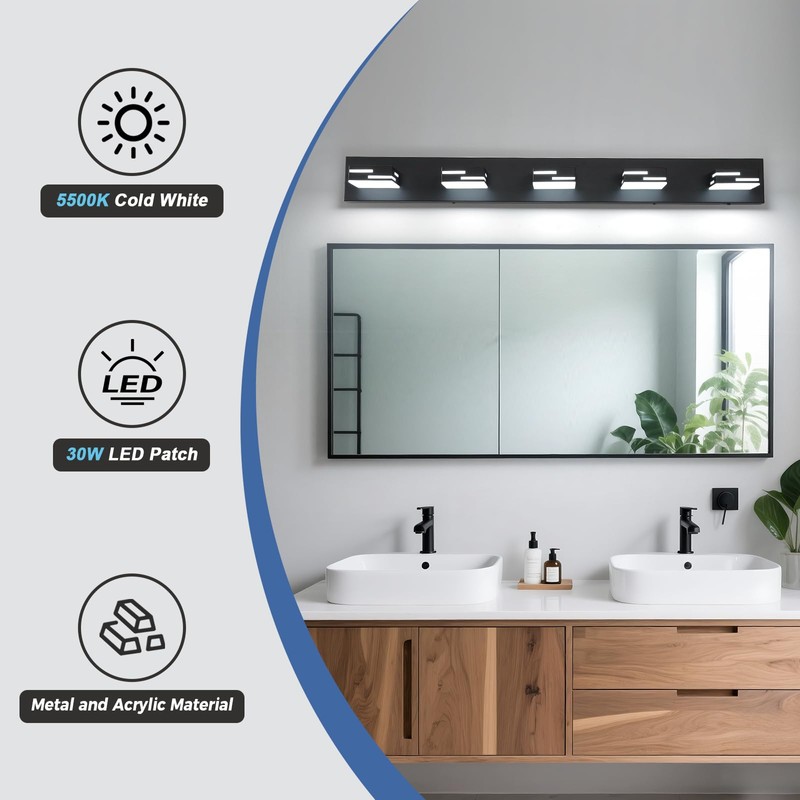 MKBNG 5-Light Modern Bathroom Vanity Light Fixtures, 40-Inch 350° Rotatable