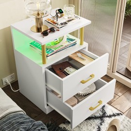 VIAGDO LED Night Stand with Charging Station and USB Ports, White Night Stand with 2 Drawers, Modern End Side Tables with Open Storage, Bedside Tables for Bedroom, Office