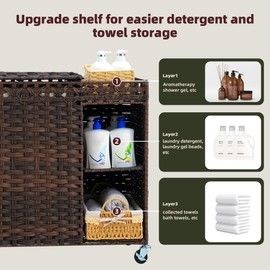 Laundry Hamper with Lid, 160L Rattan Wicker Laundry Basket with Wheels, Handwoven Laundry Hamper 2-Section with Storage shelf(42.3 Gal), Laundry Sorter Basket with Removable Liner, Brown HLH032BR