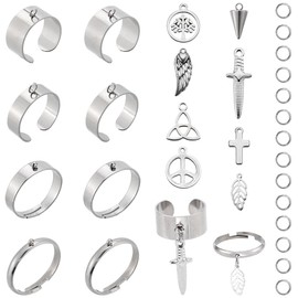 SUNNYCLUE 8 SETS 36PCS Stainless Steel Rings with Charms Dangle Rings Silver Tree of Life Trinity Knot Dangle Statement Open Charm Adjustable Ring for Women Men Adults High