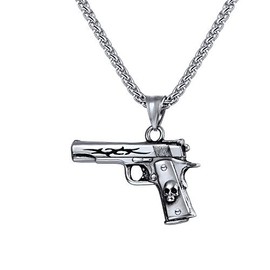 U7 Men Punk Skull M9 Rifle Shape Pendant & Chain Stainless Steel Rock Army Style Necklace Jewelry,Chain 22"
