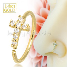 Jewelry Avalanche 20G 14K Yellow Gold Cross CZ Nose Hoop Ring Twist-open 5/16"(8mm) Nose Ring, Unisex, Diamond Simulated Stones 14KNHCRS-CZYG, Metal, cubic-zirconia